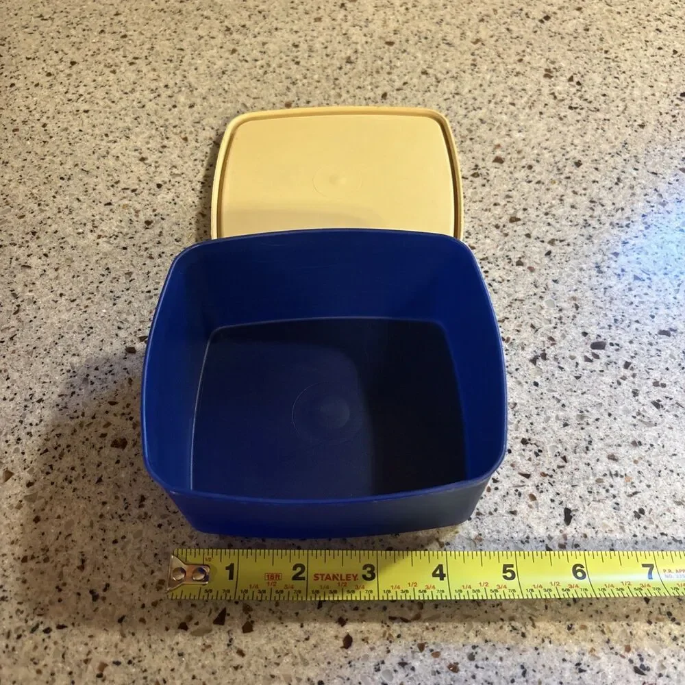 Vintage Tupperware Square with Lid - blue/tan, 1980s-1990s 311-25 & 310-62